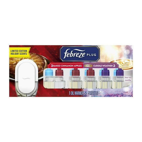 Febreze PLUG Air Freshener, Baked Cinnamon Apples and Cuddle Weather Holiday Scents, 1 Warmer + 5 Refills, 4.35 fl. oz.