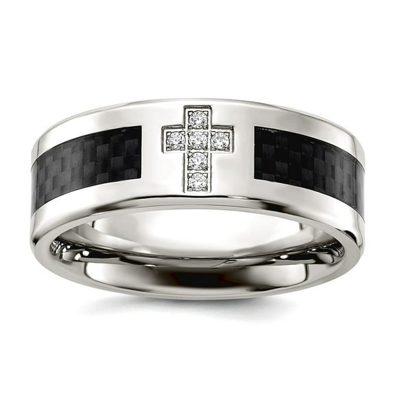 Stainless Steel Polished With Black Carbon Fiber Inlay Cubic Zirconia Religious Faith Cross 8mm Band Ring for Women and