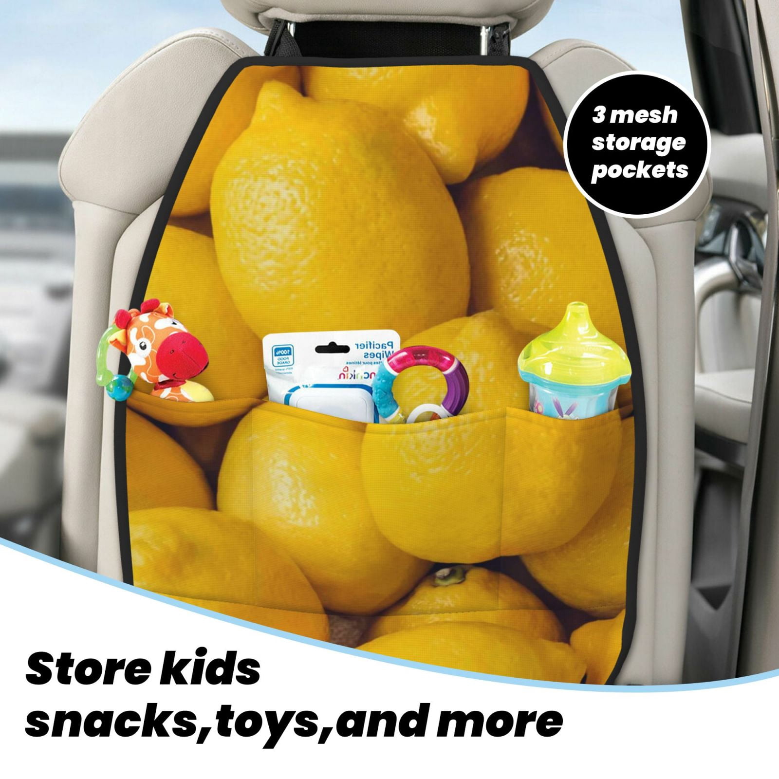 Xecao Ripe Yellow Lemon Pattern Car Seat Back Protector 2 Pack Large Capacity Pocket, Kick Mats Back Seat Protector