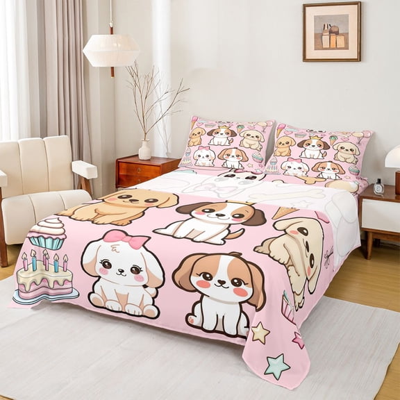 Castle Fairy Boys Girls Kawaii Dogs Twin Sheet Sets 3pcs,Cartoon Animal Pets Twin Fitted Sheet Microfiber,Happy Birthday Dessert Breathable Flat Sheet,Microfiber Bedroom Decor