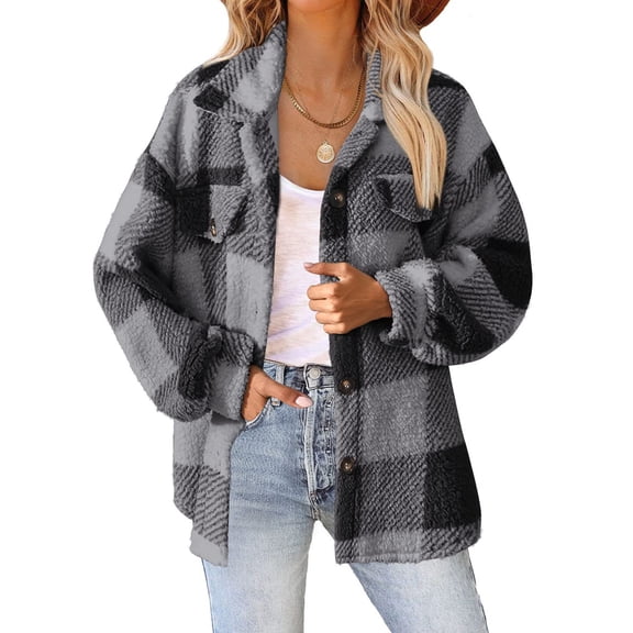 Fshiont Buffalo Plaid Jacket for Women Flannel Sherpa Button Down Shacket Casual Fuzzy Fleece Long Sleeve Shirt Dark Gray S
