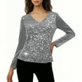thumbnail image 2 of BLVB Womens Sequin Velvet Holiday Tops Glitter Sparkly Party Blouse Long Sleeve V-Neck Fall Winter Shirts, 2 of 6