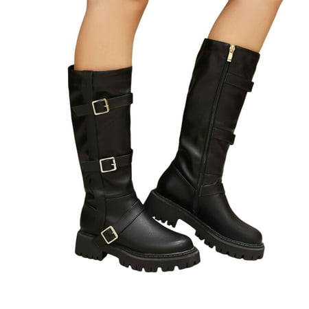GHSOHS Cowboy Boots for Women Mid Calf Boots Rain Boots British Solid Leather Belt Buckle Decoration Thick Heel Long Sleeve Knee Length Boots Comfort Rain Boots Dress Shoes Shoes Western Boot Size 42