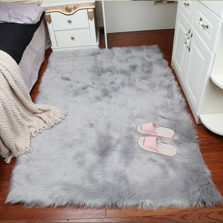 Wendana Faux Sheepskin Area Rug Silky Shag Rug Fluffy Carpet Rugs Floor Area Rugs Decorative For Living Room Girls Bedrooms 90x150cm Grey
