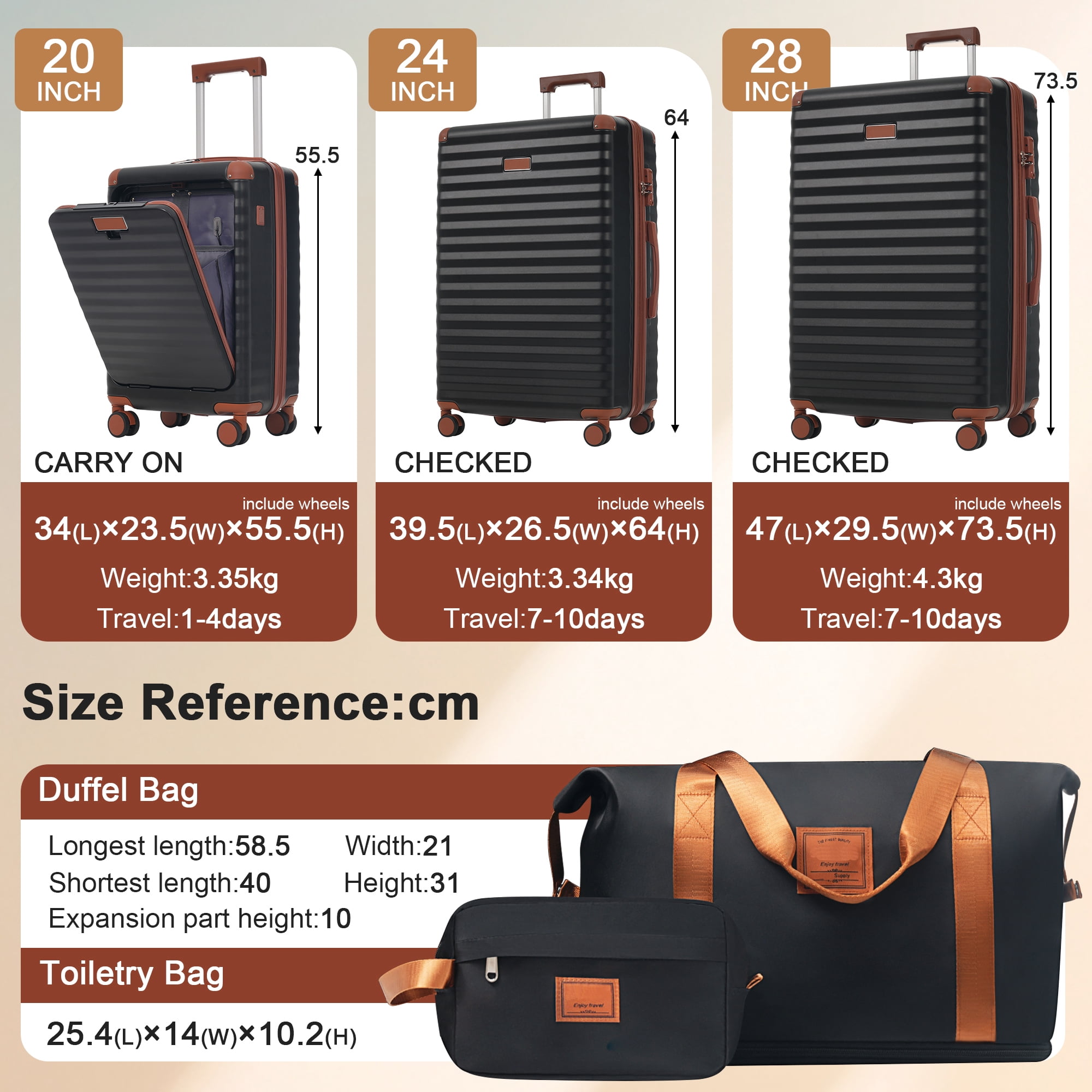 Luggage Sets 5 Piece with Front Opening , Hardside Expandable Carry on Suitcase with Spinner Wheels TSA Lock USB Port Cup Holder Duffel Bag and Toiletry Bag