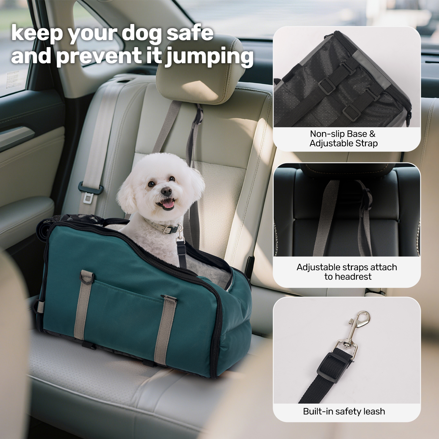 Pet Booster Seat For Cars, Dog Car Carrier With Safety Harness, Portable Travel Vehicle Pet Bed for Small Dogs, Cats Easy-Clean & Sturdy Construction, Green