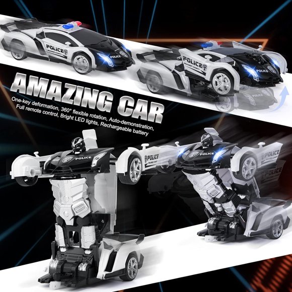 2.4G Remote Control Transforming Car, 2 in 1 Car Toys 360° Rotating Transformer Car Transforming Robot RC Racing Car Vehicle Toy with LED Light for Kids