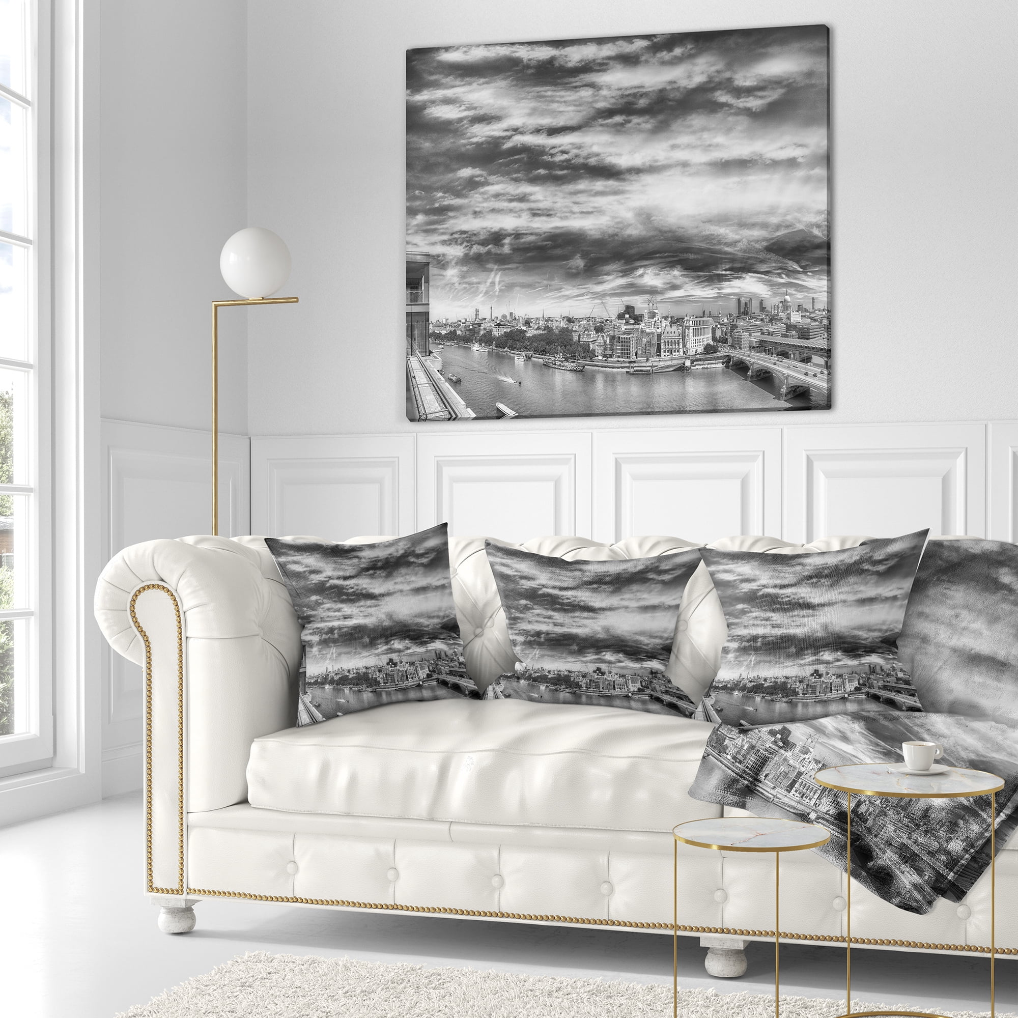 Designart Black and White Panoramic London - Cityscape Throw Pillow - 16x16