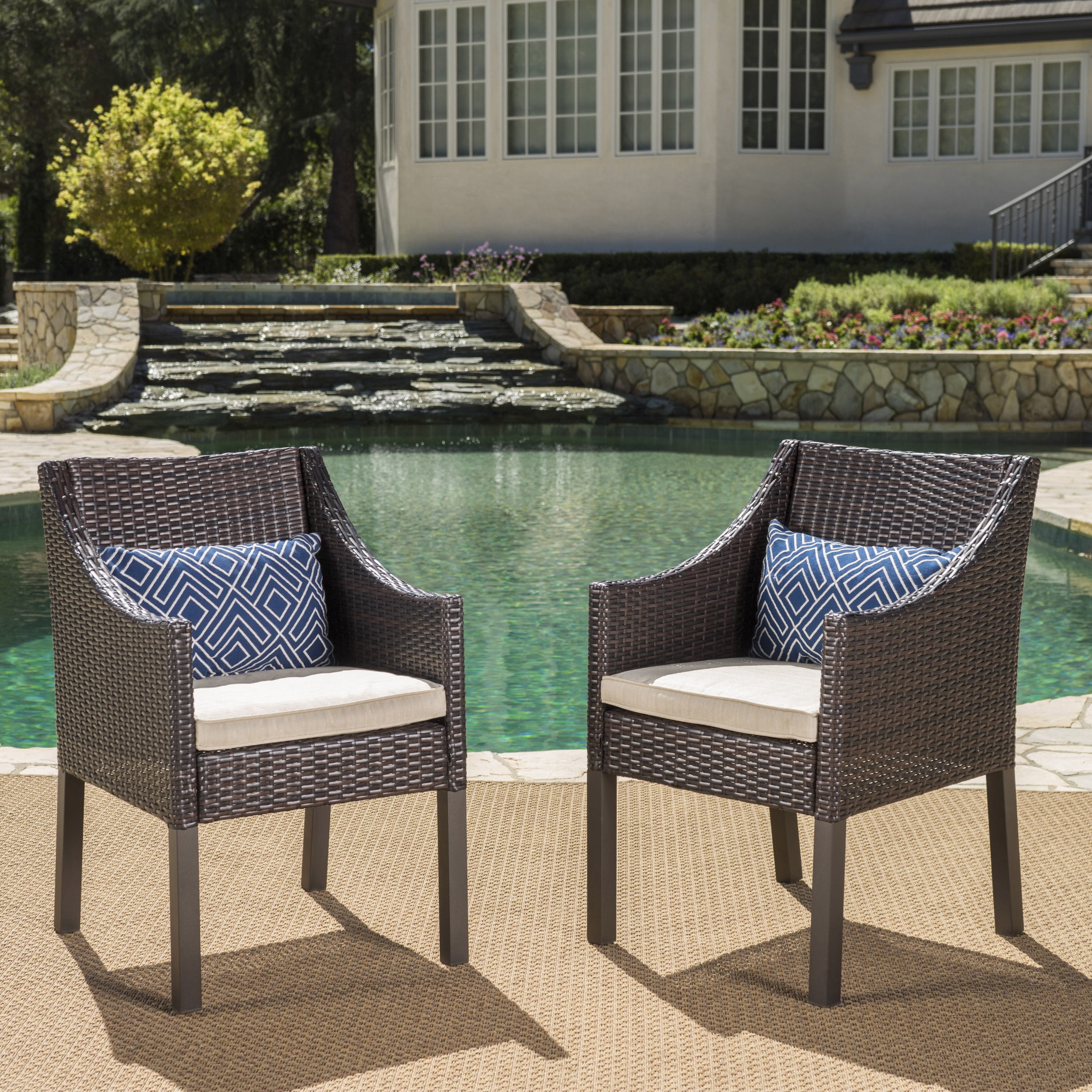 Estelle Outdoor Wicker Dining Chairs with Cushions, Set of 2