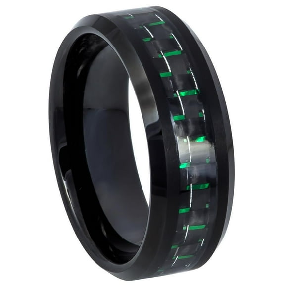 Custom Personalized Engraving Wedding Band Ring Set for Him & Her - 8mm Beveled Edge Black IP Plated with Green & Black Carbon Fiber Inlay