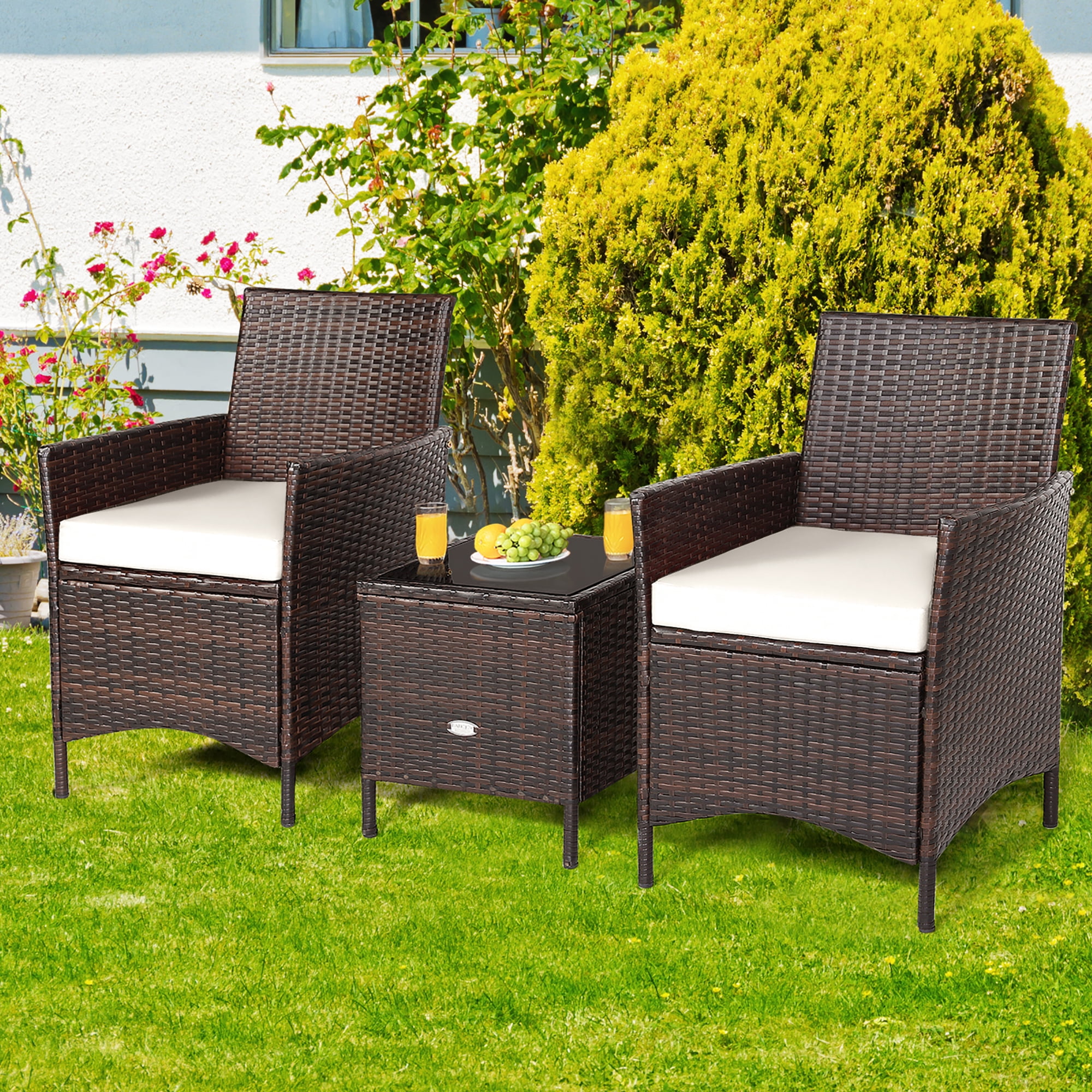 Costway 3PCS Patio Rattan Furniture Set Cushioned Sofa Glass Tabletop White