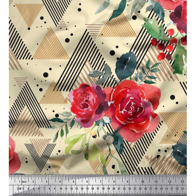 Soimoi Yellow Poly Georgette Fabric Geometric,Leaves & Begonia Floral Printed Craft Fabric by the Yard 52 Inch Wide