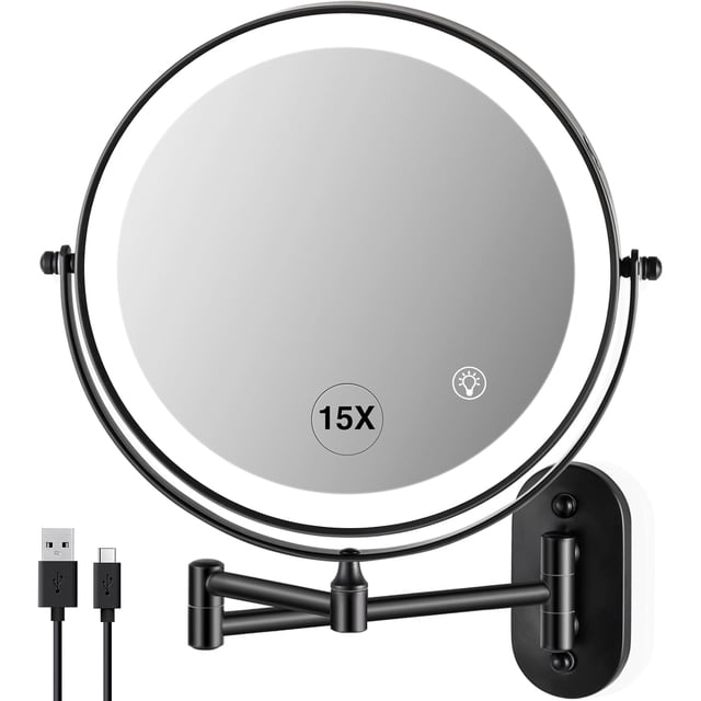 Rechargeable Wall Mounted Lighted Makeup Mirror DoubleSided /x Magnifying Mirror with Color Lights Vanity Mirror with DualTouch & Luminance Memory (Nickel)