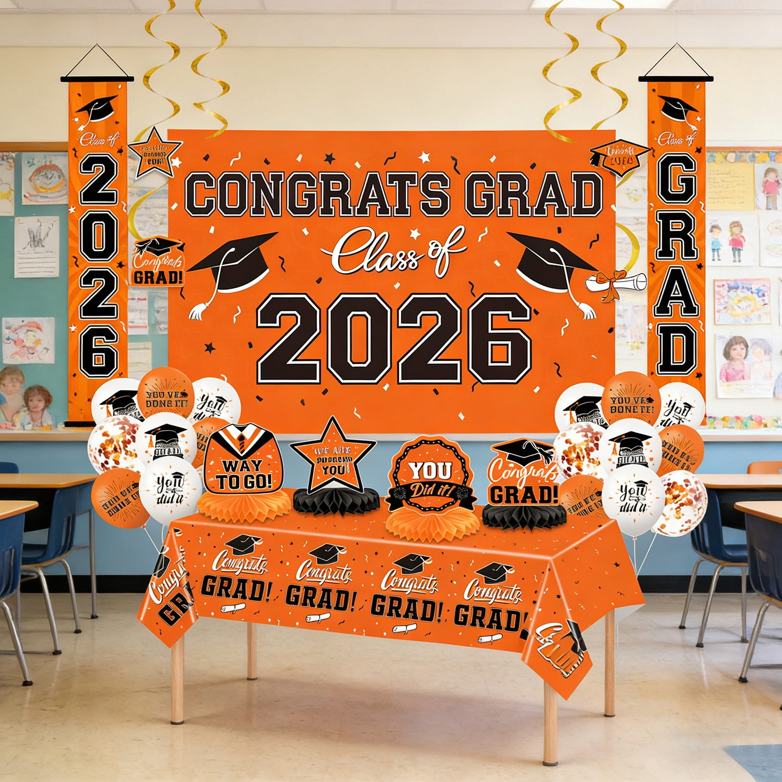 48 Pcs Class of 2026 Graduation Party Kit, Congrats Grad Banner with Backdrop, Green Gold Balloon Arch Set, Complete High School College Celebration Supplies