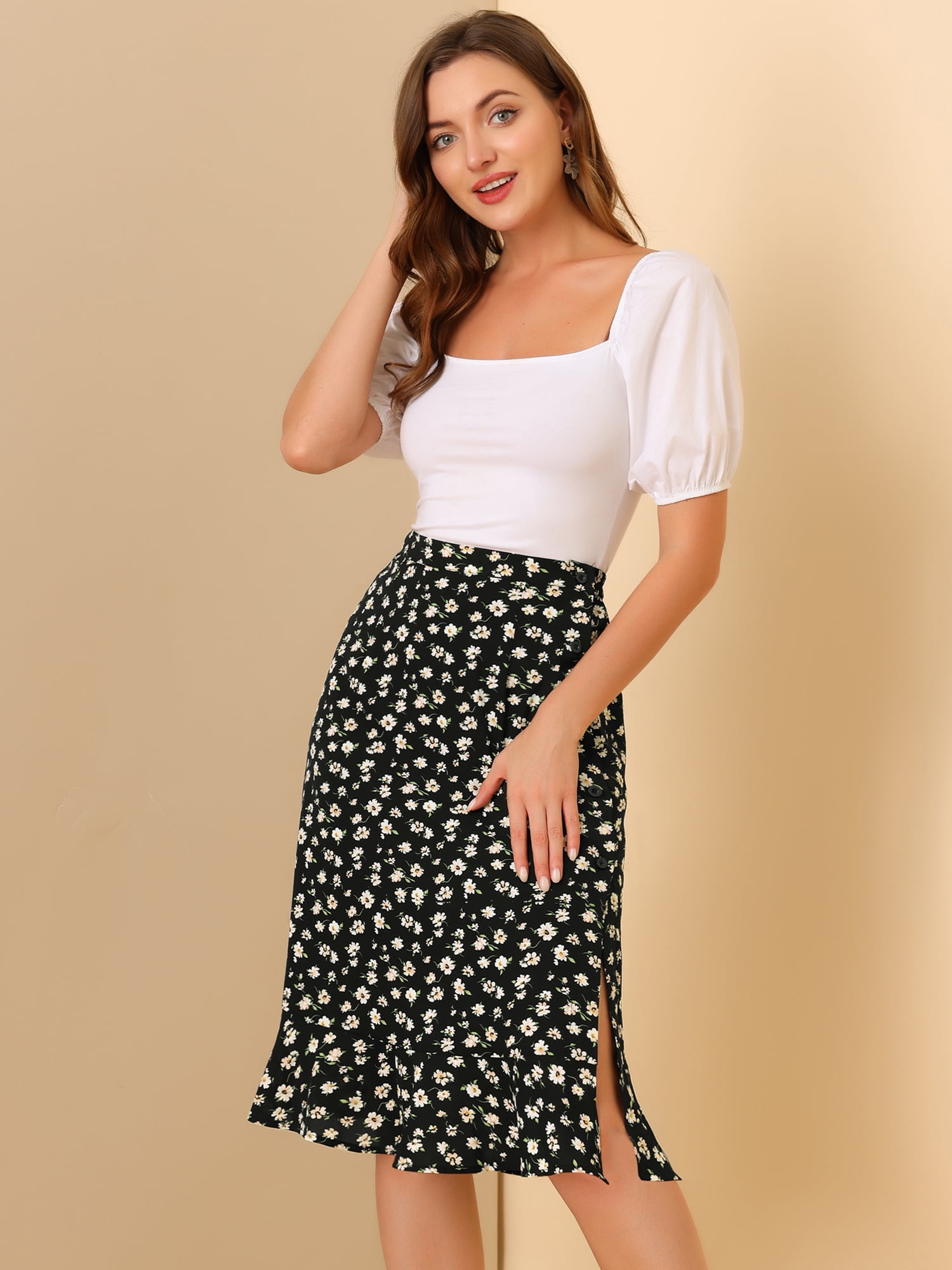 DARING DIVA Women's Floral Ruffle Hem Elastic Back Split Skirt XS Black