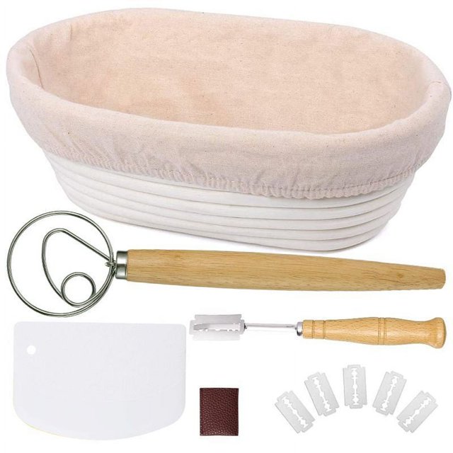 Fermentation Basket Bread Set European Bread Vine Basket Scraper BlenderElliptical Baking Tool Set (11 piece set (Elliptical Basket with Cloth Cover+Trimming Knife+Single Eye Blender+Plastic Scraper)