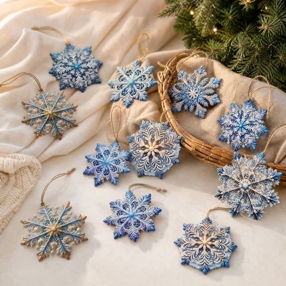 Miwamany Blue Snowflake Christmas Ornaments Set Wooden Winter Tree Hanging Decorations for Holiday Party Home Decor Gift 12 Pieces