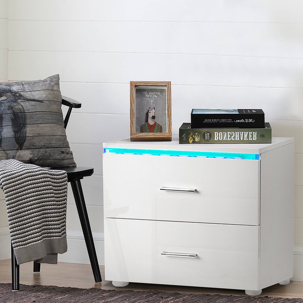 High Gloss Wooden LED Nightstand with RGB LED Light System w/Remote On