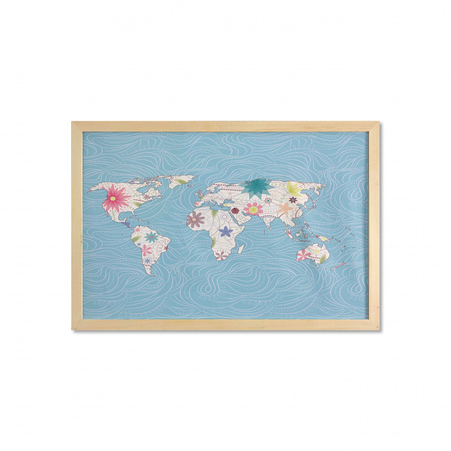 Floral World Map Wall Art with Frame, Blossom Atlas Continents Ecology ...