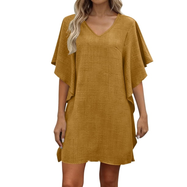 Mujeres manga corta vestidos de verano cuello en V sólido Batwing manga suelta cambio longitud de rodilla casual cómodo vestido corto de manga larga para mujeres