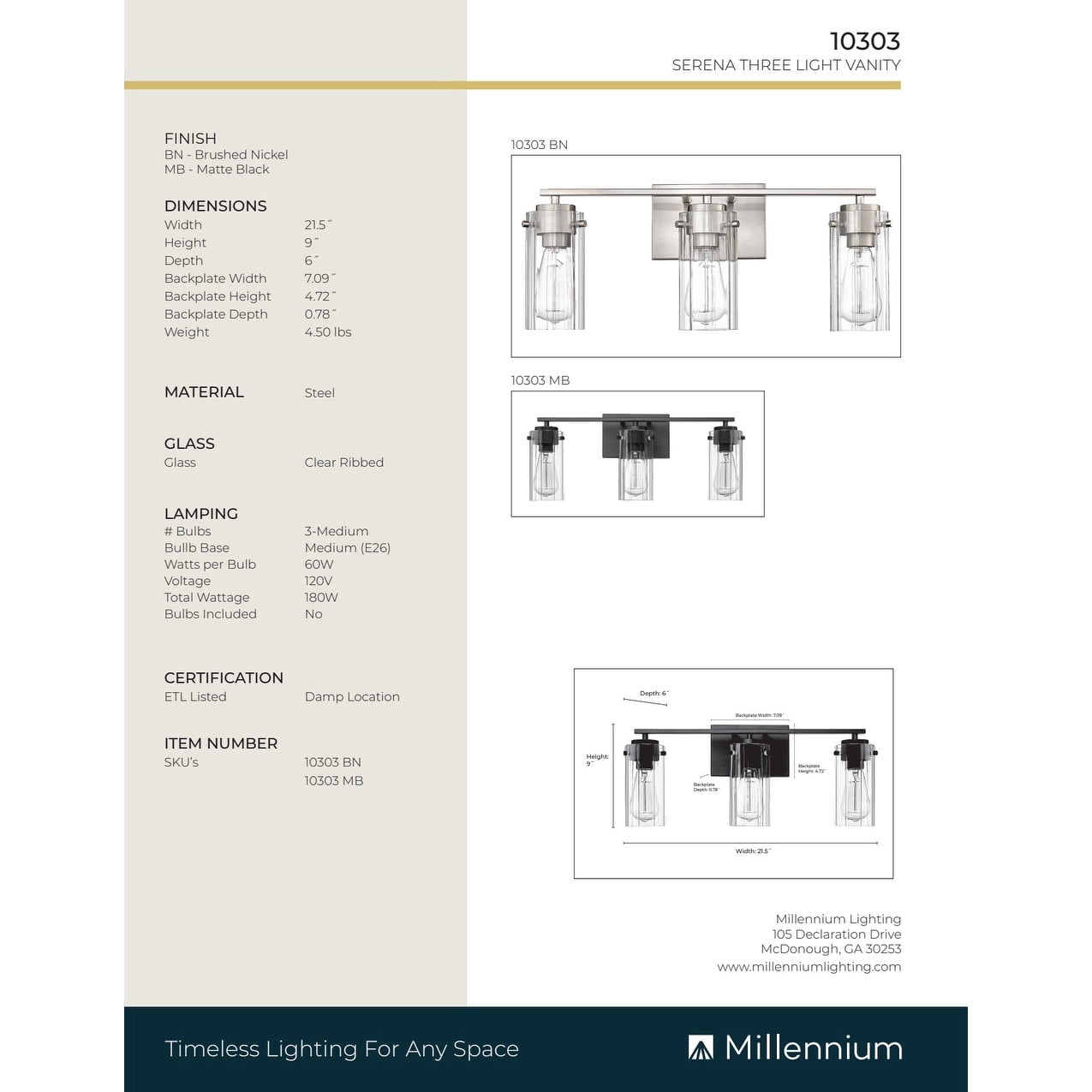 Millennium Lighting  Serena 3/4 Light Vanity Fixture 3 Light - Matte Black