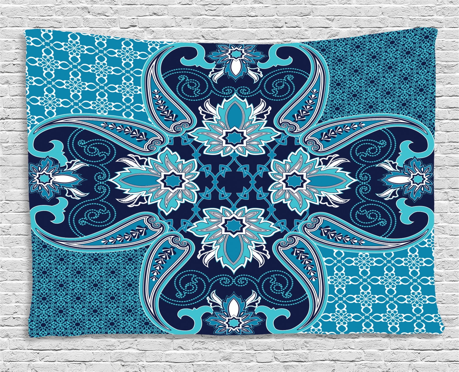 Navy Blue Decor Tapestry, Floral Paisley Design Bohemian Style Vintage