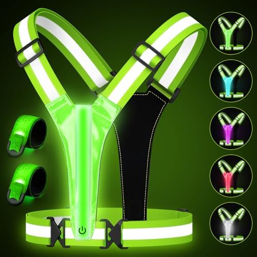 LED Reflective Running Vest with 2-Pack Rechargeable LED Armband Light Safety Gear for Night Running Walking Cycling, Large Size Adjustable Light Vest for Men & Women