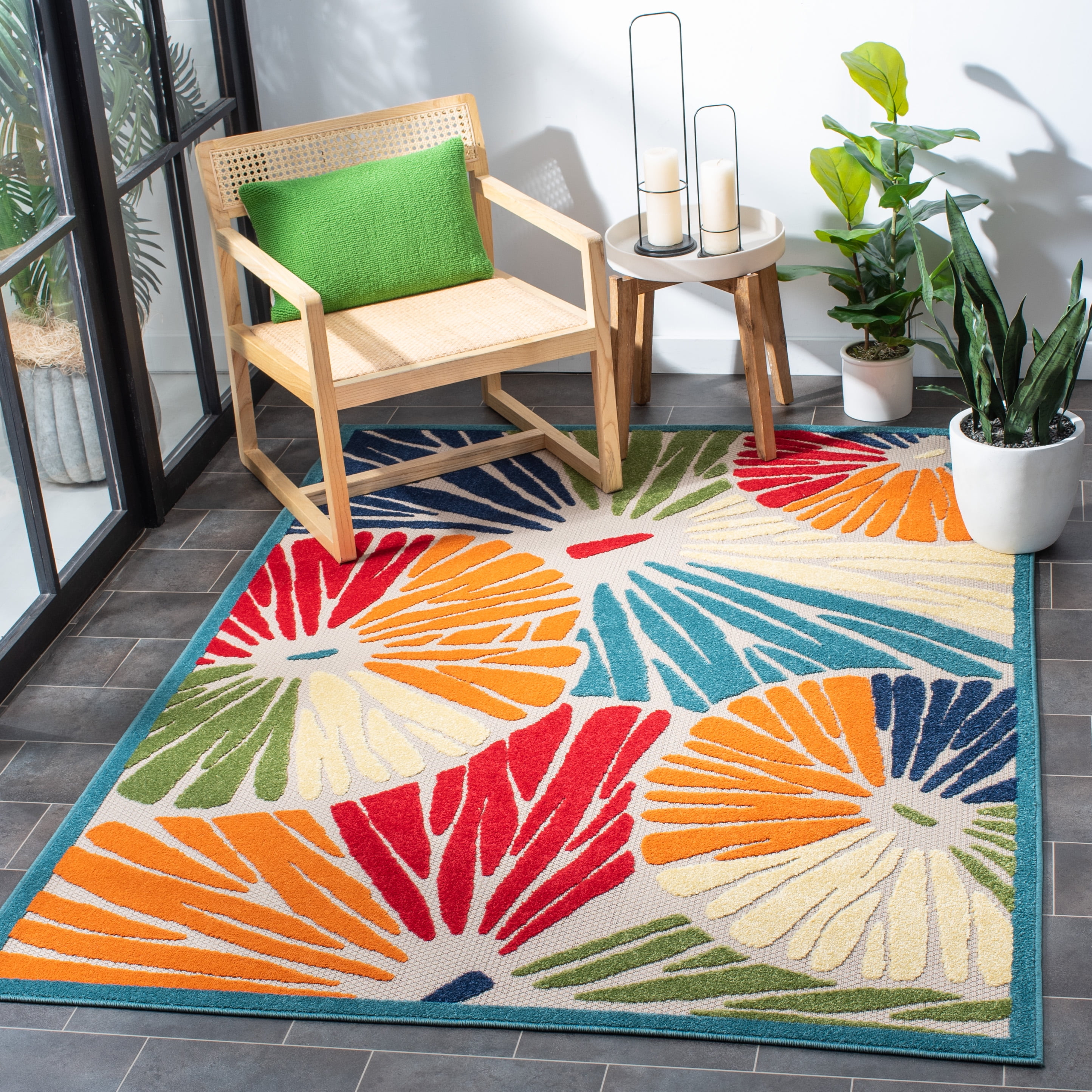 SAFAVIEH Cabana Roscoe Floral Indoor/Outdoor Area Rug, Ivory/Blue, 8' x 10'