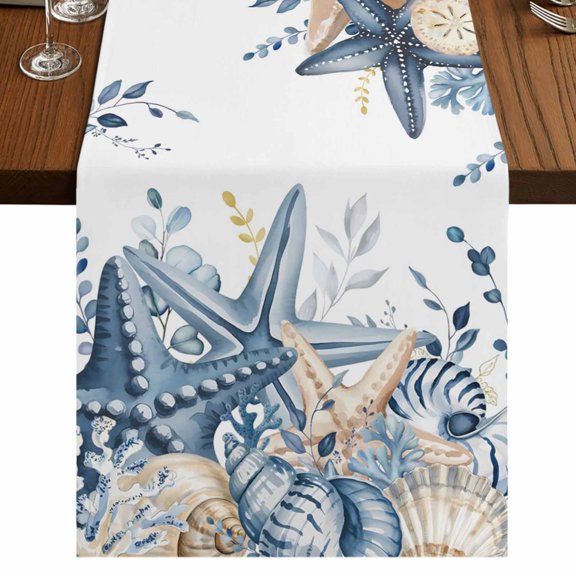 Blue Eucalyptus Coastal Short Table Runner 36 Inches Long,Beach Starfish Shell Nautical Cotton Linen Table Runners Dresser Scarves,Fabric Tabletop Scarf Furniture Cover for Home Dinner Party 13"x36"