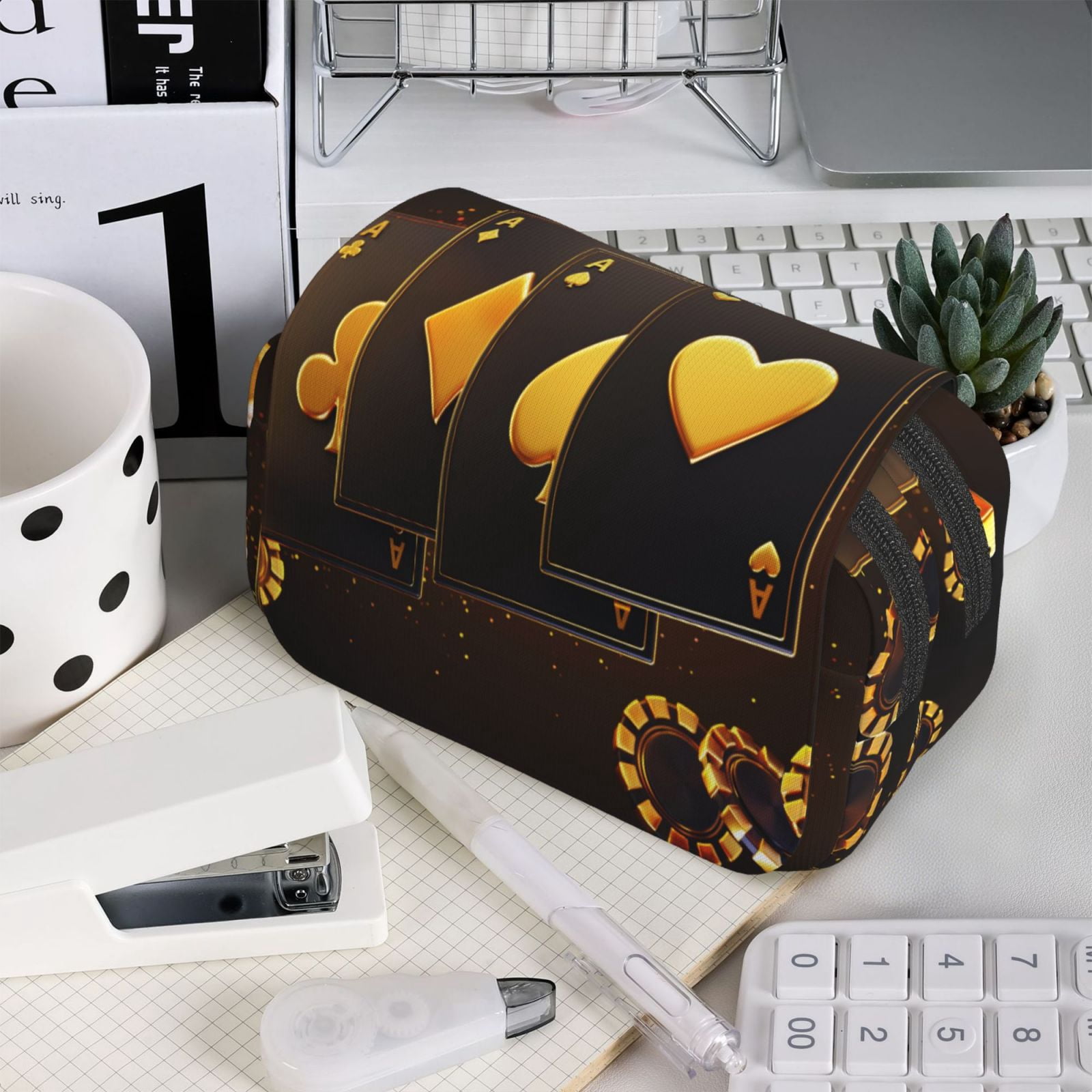 Rateoe Casino Playing Cards Pattern Double Clamshell Pen Case, Storage Organizer with Two Zipper Compartments– Holds Up to 50 Pencils & Pens