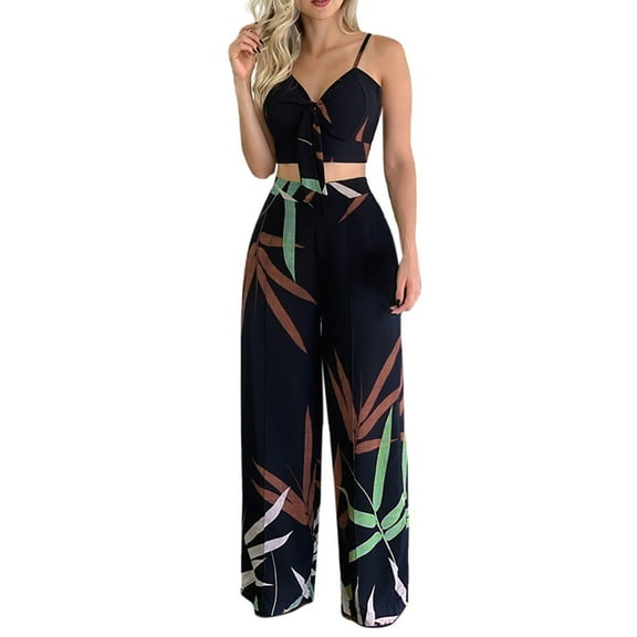 Baqcunre Women's Trousers Suit, Women's Suit New V Neck Short Shirt High Waist Straight Leg Pants Casual Set Black L