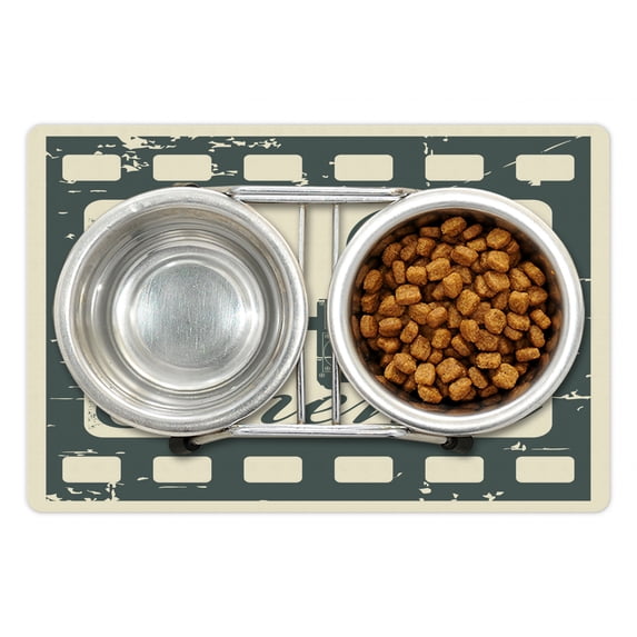 Movie Theater Pet Mat for Food and Water, Grunge Poster Design with Strip Frame Cinema Lettering and Projection, Non-Slip Rubber Mat for Dogs and Cats, 18" X 12", by Ambesonne