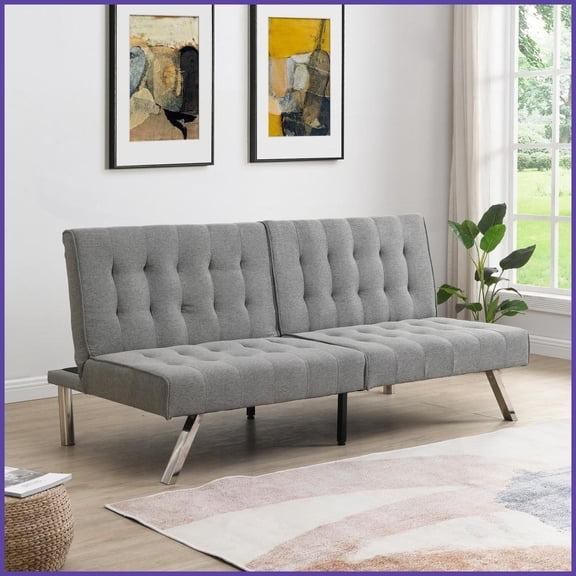 Modern Grey Faux Linen Futon Sofa Bed with Wood Frame & Stainless Legs – Ideal for Living Room, Bedroom