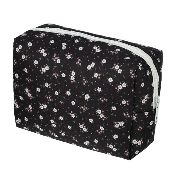 1 Pc Women Portable Floral Cosmetic Bag for Vacation Business Travel Black Polyester