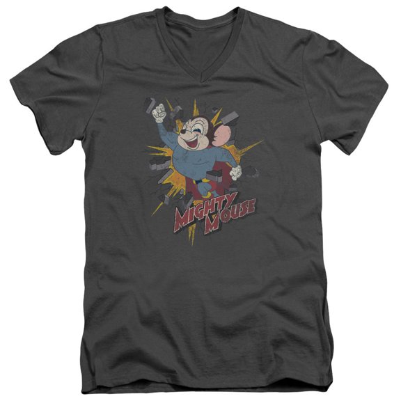 Mighty Mouse Break Through Adult V-Neck T-Shirt Charcoal
