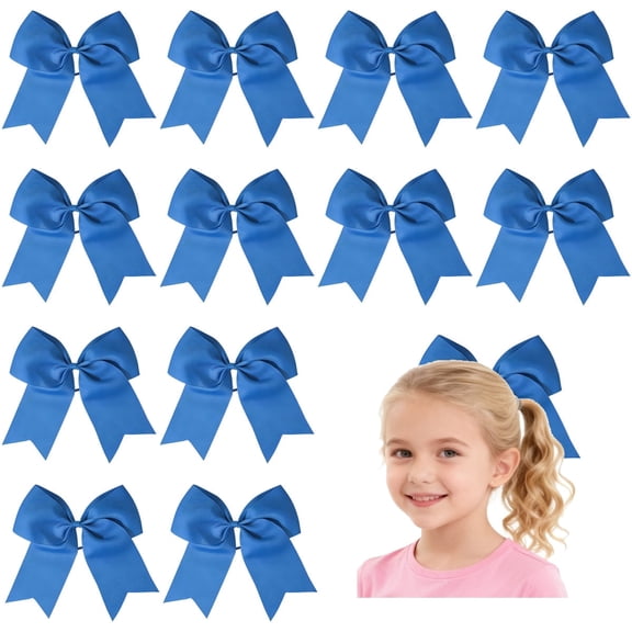 12pcs 8inch Large Blue Cheer Hair Bows for Girls - 12 Pack Satin Hair Bows Clips, Cute Hair Accessories for Toddlers Kids Teens, Perfect for Cheerleading, School, Party, Sports Events