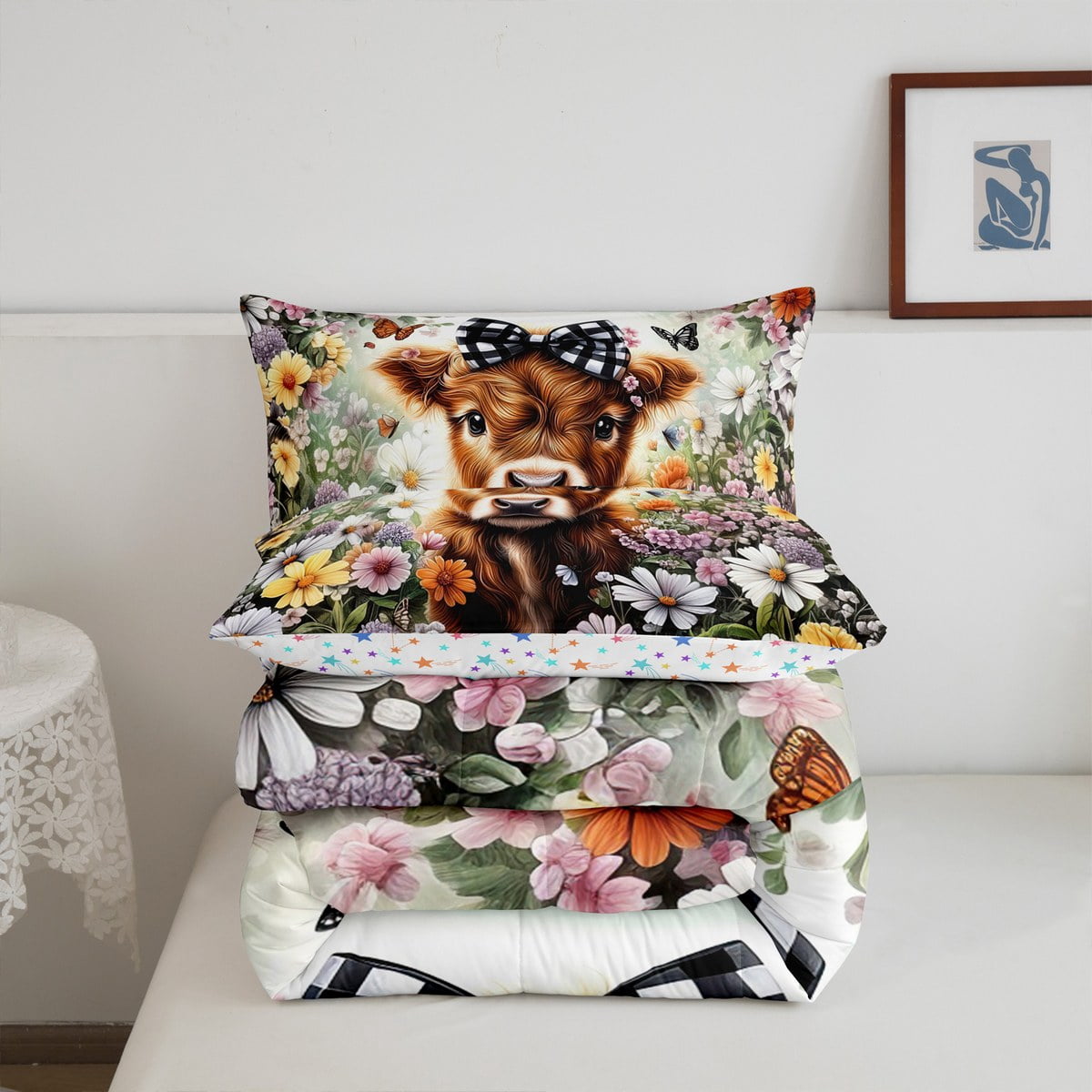 Erosebridal Cute Highland Cow Bedding Sets Twin with Comforter, Colorful Garden Flower Duvet Insert, Reversible 2 Pieces