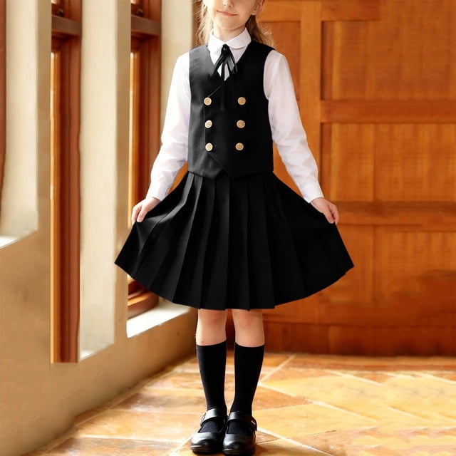 Conjunto de falda y pantalón para niña, de poliéster, de manga larga, con solapa, cintura elástica y corbata.