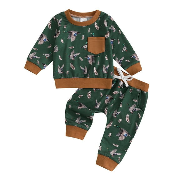 Xudanell Baby Boy Outfits Tops Print Pants Set Toddler Mallard Pocket Boy Clothes Winter Clothes Green 6-12 Months
