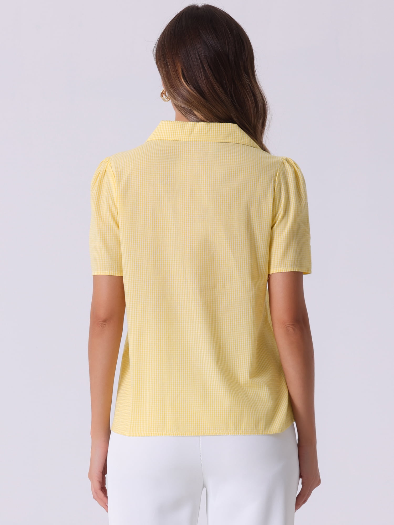 DARING DIVA Women's Plaid Puff Sleeves Gingham Blouse Shirt XS Yellow