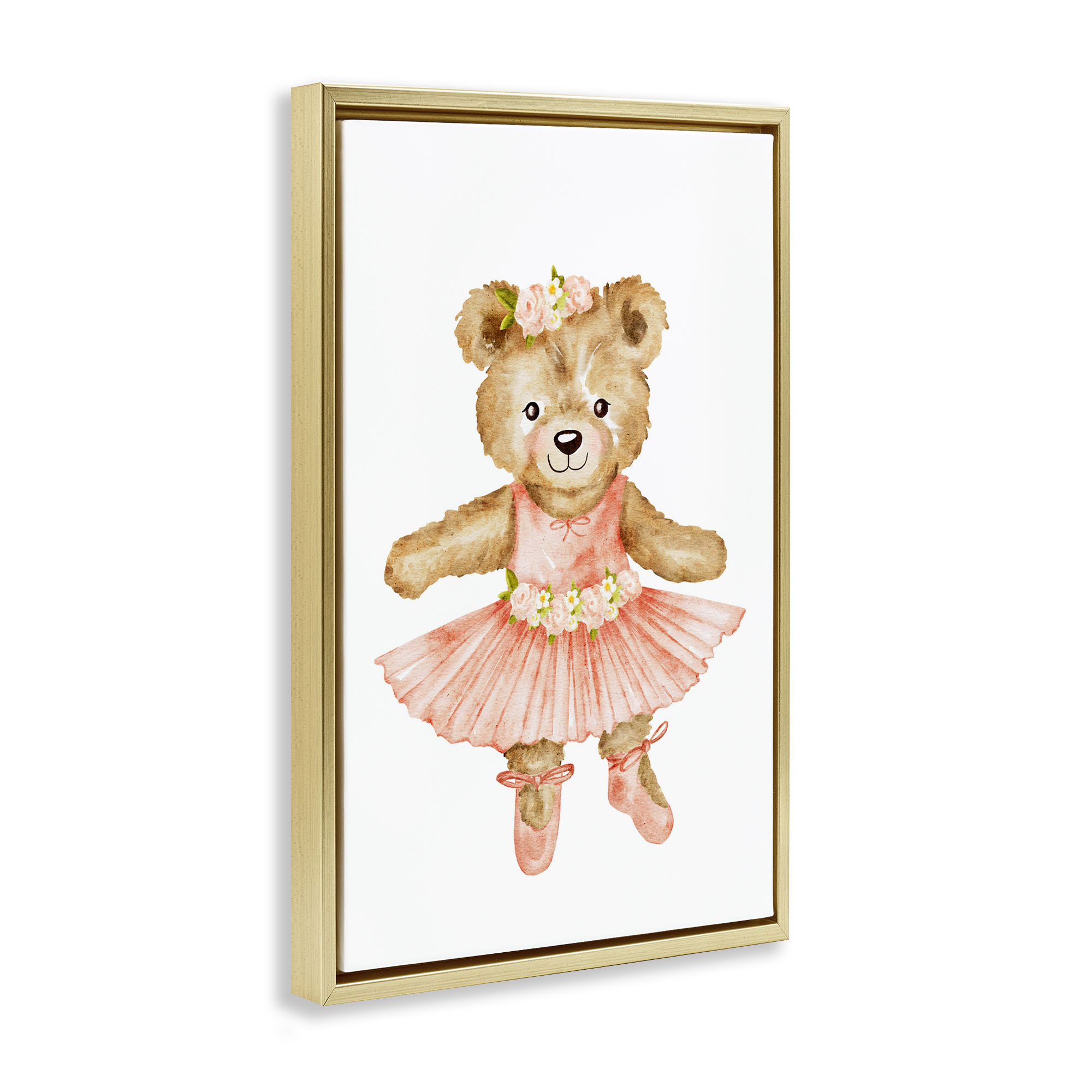 Floral Ballerina Teddy Bear Gold Framed Floater Canvas Wall Art, design by Amy Hall