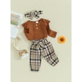 thumbnail image 4 of Musuos Baby Girls Fall Outfits 3 6 9 12 18M Solid Color Buttons Long Sleeve Rompers Plaid Long Pants Headband 3Pcs Clothes Set, 4 of 10