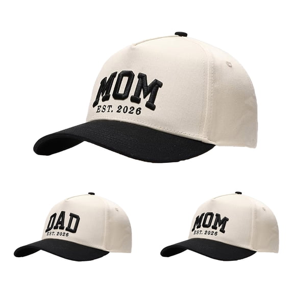 MOM & DAD EST. 2026 Embroidered Baseball Cap, Two-Tone Retro Trucker Hat, Adjustable Matching Couple Hats, Summer Sun Hat for Outdoor Daily Wear and Family Gifts-Beige
