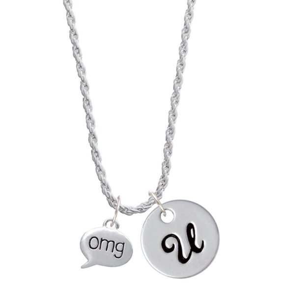 Delight Jewelry Silvertone Text Chat - omg - Oh My God - Silvertone Script Initial Disc - U - Charm Necklace, 20"+3"