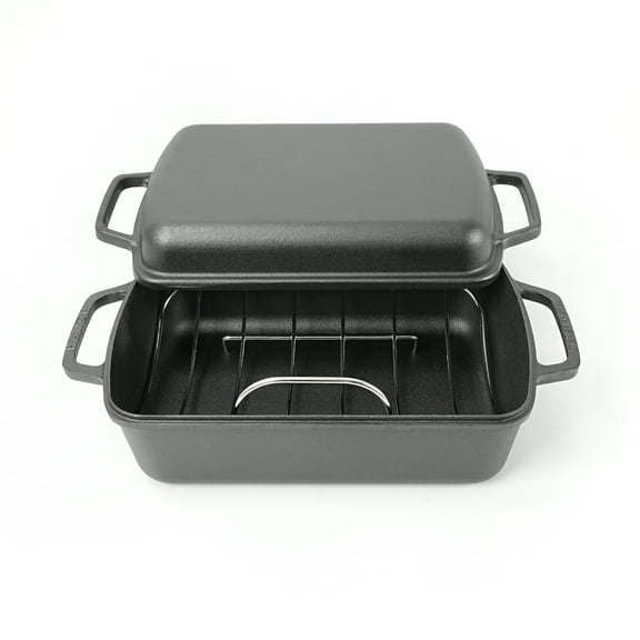 HAWOK Cast Iron Rectangular Turkey Roasting Pan, 10-Piece, 18"x13", 16.5QT, with U-Rack, Cutting Board, Cleaning Cloths, Aluminum Foil Apron and Gloves, Carry Bag