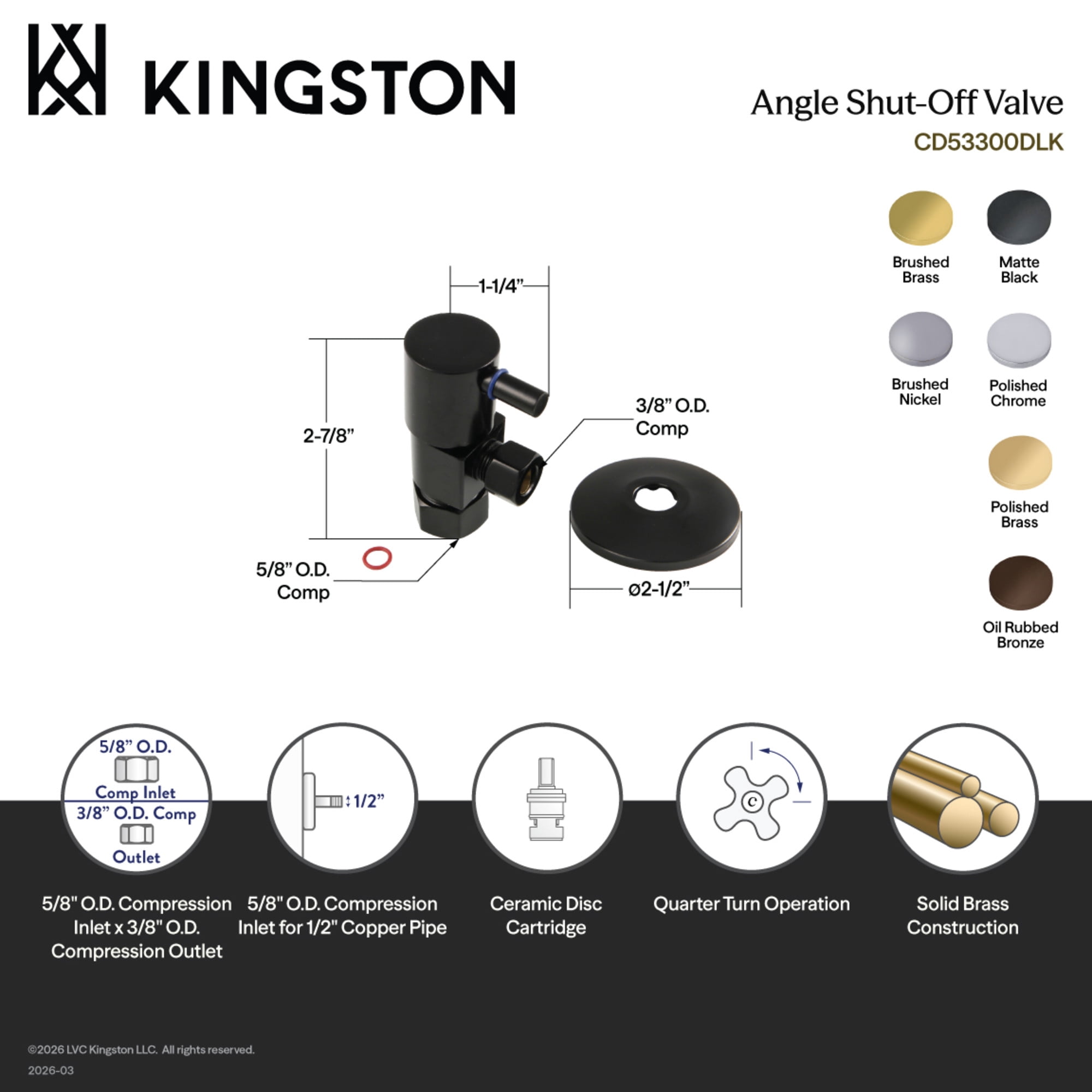 Kingston Brass CD53305DLK 5/8-Inch O.D. Comp x 3/8-Inch O.D. Comp Anti-Seize Deluxe Quarter-Turn Ceramic Hardisc Cartridge Angle Stop with Flange in Oil Rubbed Bronze