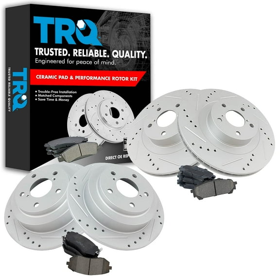 TRQ Front and Rear Performance Brake Pad & Rotor Kit Brake Pads Brake Rotors Set Ceramic Premium G-Coated Fits Select 2005-2006 Saab 9-2X 2004-2008 Subaru Forester 2004-2005 Impreza