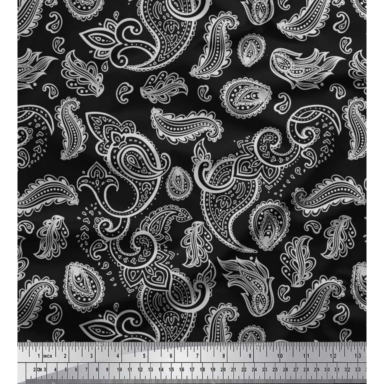  Soimoi White Silk Fabric Black Sketch Paisley Print Fabric by  Yard 42 Inch Wide
