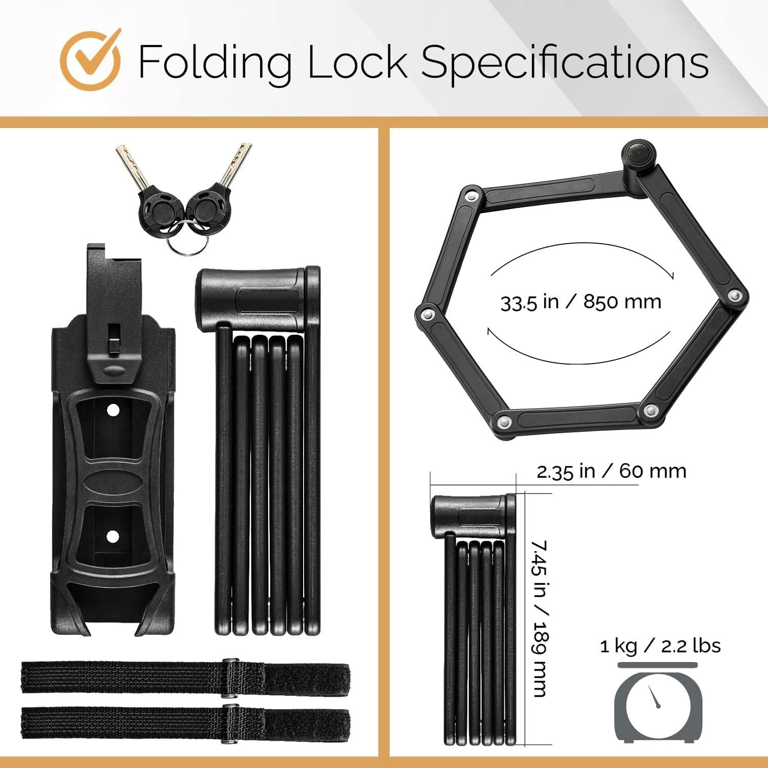 2 Folding Bike Lock Set | Same Key System 4 Keyed Alike Keys, Heavy Duty Hard Steel, Lightweight, Bike Lock for Electric Bike, Electric Scooter, Dirt Bike for Adults with Mounting Case