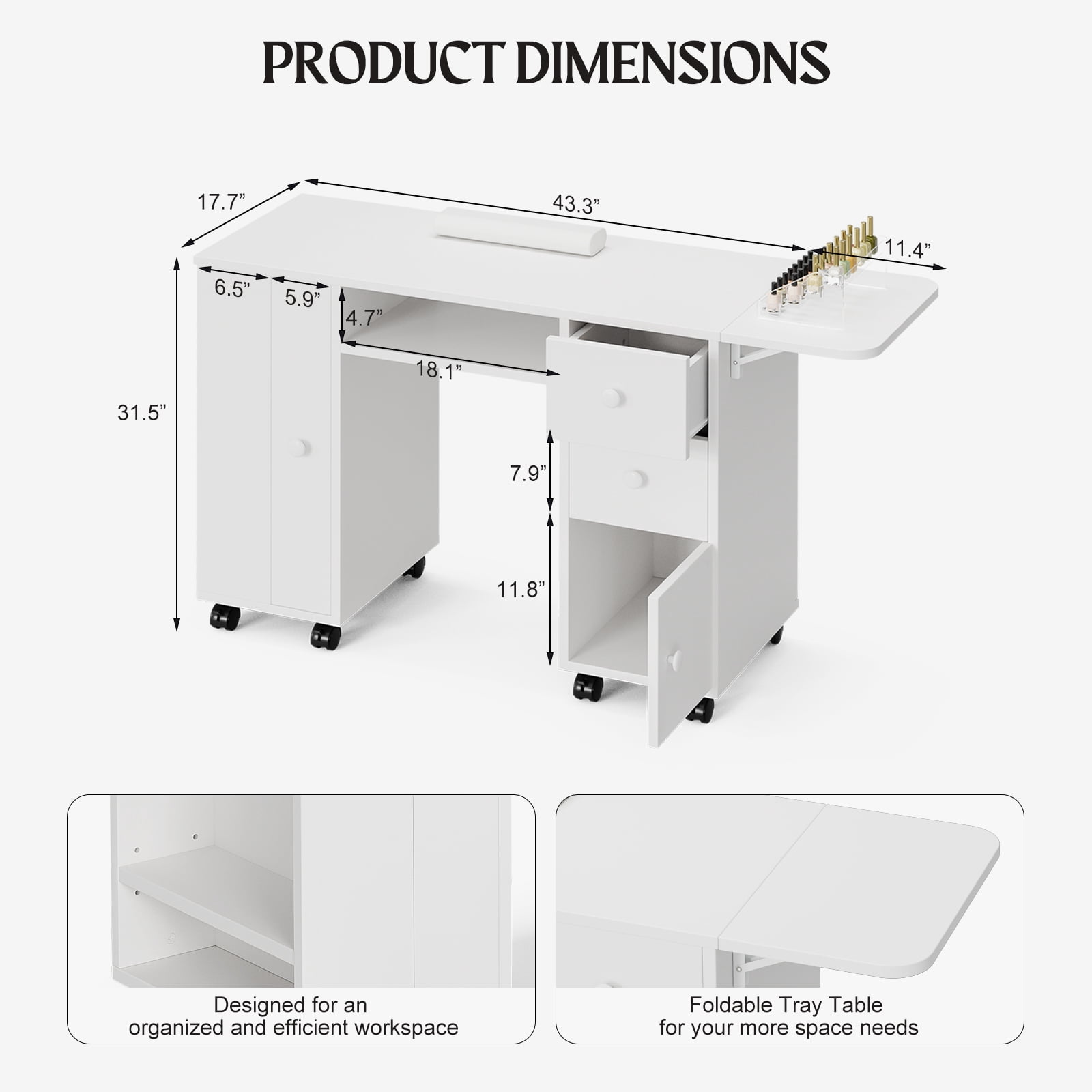55 Inch Nail Desk for Nail Tech, White Manicure Table Nail Station with Foldable Tray & Trash Bag Holder, Wrist Cushion, Lockable Wheels, Nails Table for Nail Beauty Salon Spa（White）